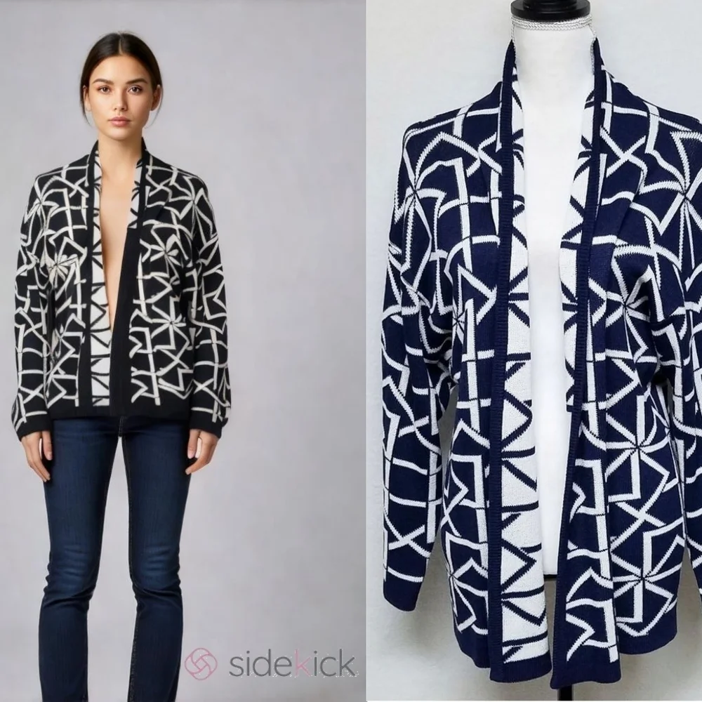 60s Vintage Dalton Blue White Geometric Print Union ILGWU Open Front Cardigan M